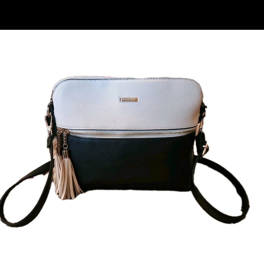 Elim And Paul Two-Tone Black and Ivory Crossbody Bag with Tassel